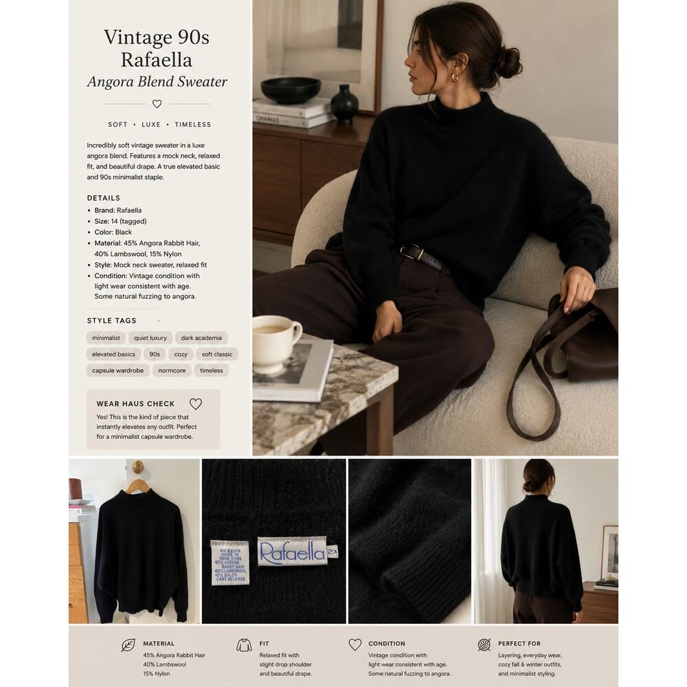 Vintage Rafaella Angora Blend Sweater Black Minimalist Mock Neck ✨